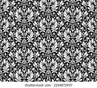 Wallpaper in the style of Baroque. Seamless vector background. White and black floral ornament. Graphic pattern for fabric, wallpaper, packaging. Ornate Damask flower ornament