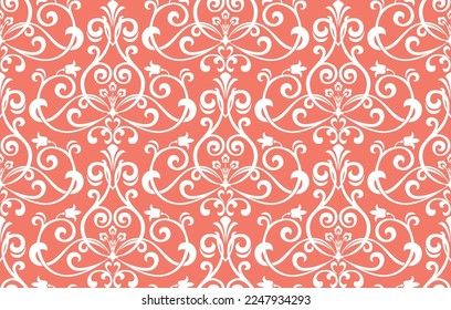 Wallpaper in the style of Baroque. Seamless vector background. White and pink floral ornament. Graphic pattern for fabric, wallpaper, packaging. Ornate Damask flower ornament