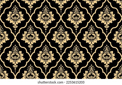 Wallpaper in the style of Baroque. Seamless vector background. Gold and black floral ornament. Graphic pattern for fabric, wallpaper, packaging. Ornate Damask flower ornament