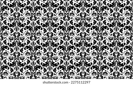 Wallpaper in the style of Baroque. Seamless vector background. White and black floral ornament. Graphic pattern for fabric, wallpaper, packaging. Ornate Damask flower ornament