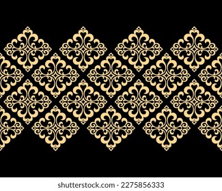 Wallpaper in the style of Baroque. Seamless vector background. Gold and black floral ornament. Graphic pattern for fabric, wallpaper, packaging. Ornate Damask flower ornament
