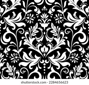 Papel de escritorio de estilo barroco. Fondo vectorial impecable. Ornamento floral blanco y negro. Patrón gráfico para tela, papel pintado, embalaje. Ornate Damask