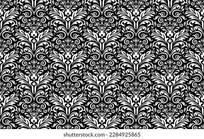 Wallpaper in the style of Baroque. Seamless vector background. White and black floral ornament. Graphic pattern for fabric, wallpaper, packaging. Ornate Damask flower ornament