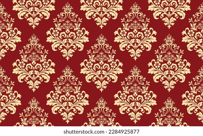 Wallpaper in the style of Baroque. Seamless vector background. Gold and red floral ornament. Graphic pattern for fabric, wallpaper, packaging. Ornate Damask flower ornament