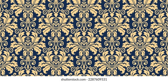 Wallpaper in the style of Baroque. Seamless vector background. Gold and dark blue floral ornament. Graphic pattern for fabric, wallpaper, packaging. Ornate Damask flower ornament