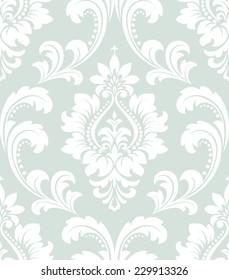 Wallpaper in the style of Baroque. A seamless vector background. Damask floral pattern. White and blue ornament.