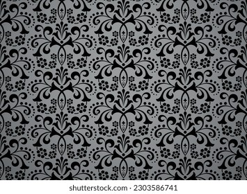 Papel de escritorio de estilo barroco. Fondo vectorial impecable. Ornamento floral negro y gris. Patrón gráfico para tela, papel pintado, embalaje. Ornate Damask
