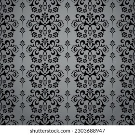 Papel de escritorio de estilo barroco. Fondo vectorial impecable. Ornamento floral negro y gris. Patrón gráfico para tela, papel pintado, embalaje. Ornate Damask