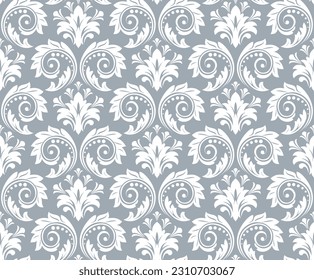 Wallpaper in the style of Baroque. Seamless vector background. White and gray floral ornament. Graphic pattern for fabric, wallpaper, packaging. Ornate Damask flower ornament.