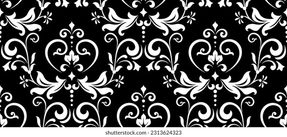 Wallpaper in the style of Baroque. Seamless vector background. White and black floral ornament. Graphic pattern for fabric, wallpaper, packaging. Ornate Damask flower ornament