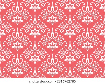 Wallpaper in the style of Baroque. Seamless vector background. White and pink floral ornament. Graphic pattern for fabric, wallpaper, packaging. Ornate Damask flower ornament