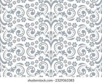 Wallpaper in the style of Baroque. Seamless vector background. White and gray floral ornament. Graphic pattern for fabric, wallpaper, packaging. Ornate Damask flower ornament.