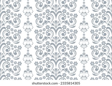 Wallpaper in the style of Baroque. Seamless vector background. White and gray floral ornament. Graphic pattern for fabric, wallpaper, packaging. Ornate Damask flower ornament.