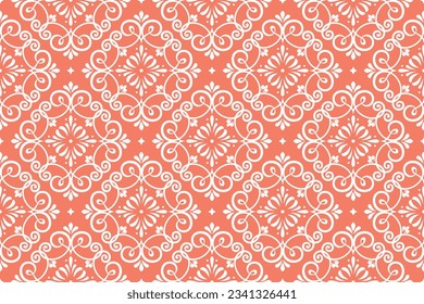 Wallpaper in the style of Baroque. Seamless vector background. White and pink floral ornament. Graphic pattern for fabric, wallpaper, packaging. Ornate Damask flower ornament