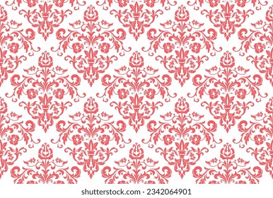 Wallpaper in the style of Baroque. Seamless vector background. White and pink floral ornament. Graphic pattern for fabric, wallpaper, packaging. Ornate Damask flower ornament