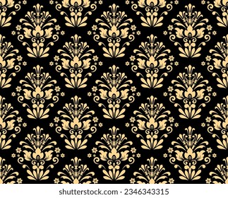 Wallpaper in the style of Baroque. Seamless vector background. Gold and black floral ornament. Graphic pattern for fabric, wallpaper, packaging. Ornate Damask flower ornament
