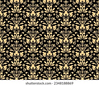 Wallpaper in the style of Baroque. Seamless vector background. Gold and black floral ornament. Graphic pattern for fabric, wallpaper, packaging. Ornate Damask flower ornament