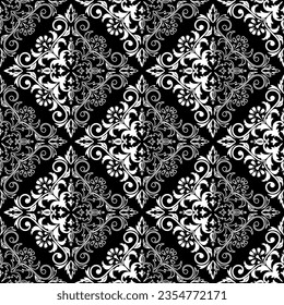 Wallpaper in the style of Baroque. Seamless vector background. White and black floral ornament. Graphic pattern for fabric, wallpaper, packaging. Ornate Damask flower ornament