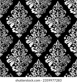 Tapete im Barockstil. Nahtloser Vektorhintergrund. Weiße und schwarze Blumenschmuck. Grafisches Muster für Gewebe, Tapeten, Verpackung. Blütendekoration von Ornate Damast