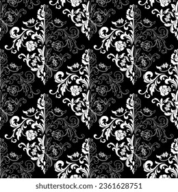 Wallpaper in the style of Baroque. Seamless vector background. White and black floral ornament. Graphic pattern for fabric, wallpaper, packaging. Ornate Damask flower ornament
