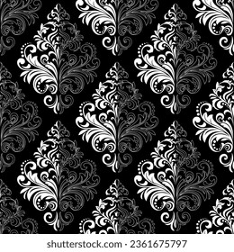 Papel de escritorio de estilo barroco. Fondo vectorial impecable. Ornamento floral blanco y negro. Patrón gráfico para tela, papel pintado, embalaje. Ornate Damask