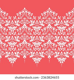 Papel de escritorio de estilo barroco. Fondo vectorial impecable. Ornamento floral blanco y rosa. Patrón gráfico para tela, papel pintado, embalaje. Ornate Damask