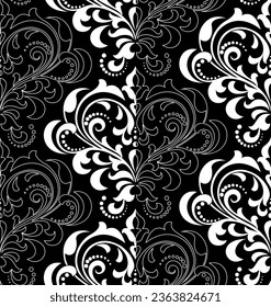 Wallpaper in the style of Baroque. Seamless vector background. White and black floral ornament. Graphic pattern for fabric, wallpaper, packaging. Ornate Damask flower ornament