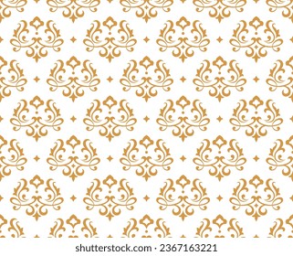Papel de escritorio de estilo barroco. Fondo vectorial impecable. Ornamento floral blanco y dorado. Patrón gráfico para tela, papel pintado, embalaje. Ornate Damask