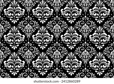 Wallpaper in the style of Baroque. Seamless vector background. White and black floral ornament. Graphic pattern for fabric, wallpaper, packaging. Ornate Damask flower ornament