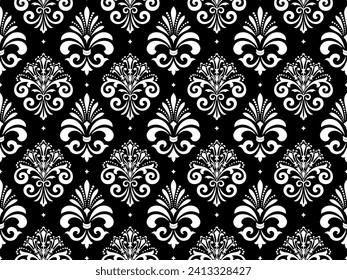 Wallpaper in the style of Baroque. Seamless vector background. White and black floral ornament. Graphic pattern for fabric, wallpaper, packaging. Ornate Damask flower ornament