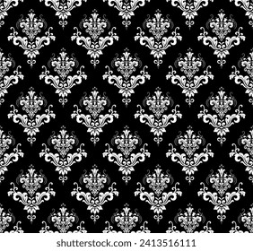 Papel de escritorio de estilo barroco. Fondo vectorial impecable. Ornamento floral blanco y negro. Patrón gráfico para tela, papel pintado, embalaje. Ornate Damask
