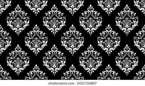 Wallpaper in the style of Baroque. Seamless vector background. White and black floral ornament. Graphic pattern for fabric, wallpaper, packaging. Ornate Damask flower ornament