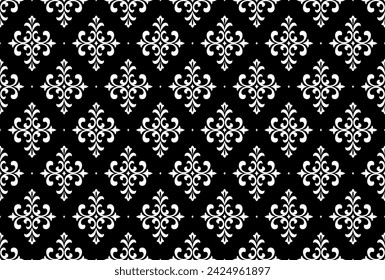 Papel pintado al estilo barroco. Fondo de vector sin costura. Adorno floral blanco y negro. Patrón gráfico para tela, papel pintado, embalaje. Adorno de flor de Damasco adornado