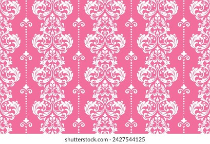 Wallpaper in the style of Baroque. Seamless vector background. White and pink floral ornament. Graphic pattern for fabric, wallpaper, packaging. Ornate Damask flower ornament