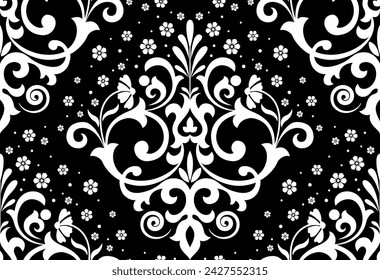 Wallpaper in the style of Baroque. Seamless vector background. White and black floral ornament. Graphic pattern for fabric, wallpaper, packaging. Ornate Damask flower ornament
