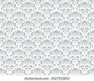 Papel pintado al estilo barroco. Fondo de vector sin costura. Adorno floral blanco y gris. Patrón gráfico para tela, papel pintado, embalaje. Adorno de flor de Damasco adornado.