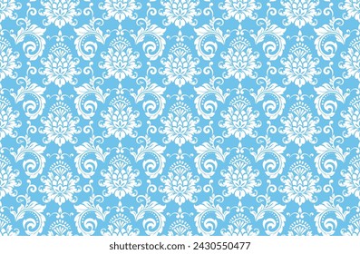 Wallpaper in the style of Baroque. Seamless vector background. White and blue floral ornament. Graphic pattern for fabric, wallpaper, packaging. Ornate Damask flower ornament