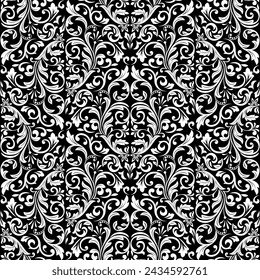 Wallpaper in the style of Baroque. Seamless vector background. White and black floral ornament. Graphic pattern for fabric, wallpaper, packaging. Ornate Damask flower ornament