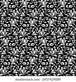 Papel pintado al estilo barroco. Fondo de vector sin costura. Adorno floral blanco y negro. Patrón gráfico para tela, papel pintado, embalaje. Adorno de flor de Damasco adornado.