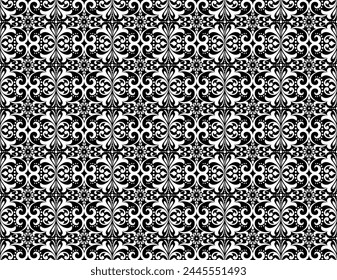 Wallpaper in the style of Baroque. Seamless vector background. White and black floral ornament. Graphic pattern for fabric, wallpaper, packaging. Ornate Damask flower ornament.