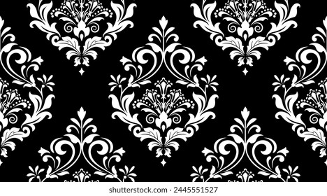 Wallpaper in the style of Baroque. Seamless vector background. White and black floral ornament. Graphic pattern for fabric, wallpaper, packaging. Ornate Damask flower ornament.