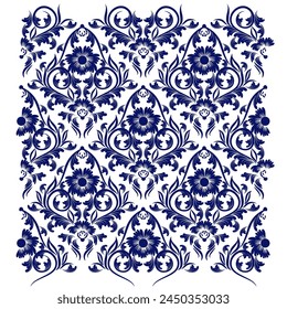 Wallpaper in the style of Baroque. Seamless vector background. Dark blue and gold floral ornament. Graphic pattern for fabric, wallpaper, packaging. Ornate Damask flower ornament