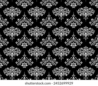 Fondo de pantalla al estilo barroco. Fondo de Vector inconsútil. Adorno floral blanco y negro. Patrón gráfico para tela, Fondo de pantalla, embalaje. Adorno de flor de Damasco adornado.