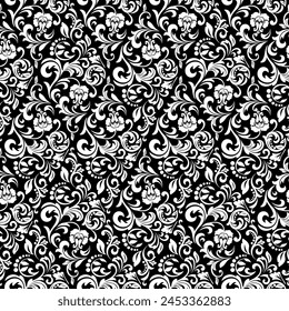 Fondo de pantalla al estilo barroco. Fondo de Vector inconsútil. Adorno floral blanco y negro. Patrón gráfico para tela, Fondo de pantalla, embalaje. Adorno de flor de Damasco adornado.