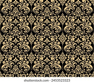 Wallpaper in the style of Baroque. Seamless vector background. Golden and black floral ornament. Graphic pattern for fabric, wallpaper, packaging. Ornate Damask flower ornament