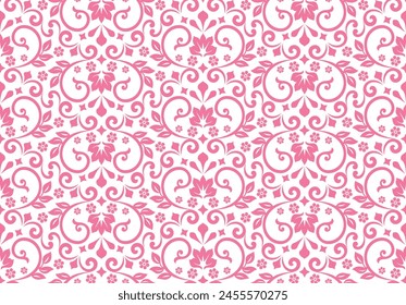 Fondo de pantalla al estilo barroco. Fondo de Vector inconsútil. Adorno floral blanco y rosa. Patrón gráfico para tela, Fondo de pantalla, embalaje. Adorno de flor de Damasco adornado