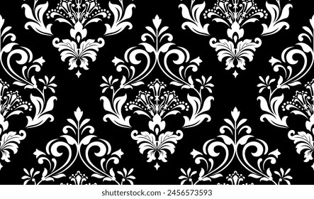 Fondo de pantalla al estilo barroco. Fondo de Vector inconsútil. Adorno floral blanco y negro. Patrón gráfico para tela, Fondo de pantalla, embalaje. Adorno de flor de Damasco adornado.