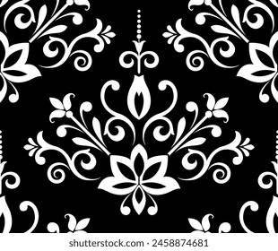 Fondo de pantalla al estilo barroco. Fondo de Vector inconsútil. Adorno floral blanco y negro. Patrón gráfico para tela, Fondo de pantalla, embalaje. Adorno de flor de Damasco adornado.