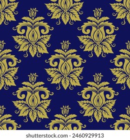 Wallpaper in the style of Baroque. Seamless vector background. Gold and dark blue floral ornament. Graphic pattern for fabric, wallpaper, packaging. Ornate Damask flower ornament
