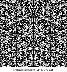 Wallpaper in the style of Baroque. Seamless vector background. White and black floral ornament. Graphic pattern for fabric, wallpaper, packaging. Ornate Damask flower ornament.